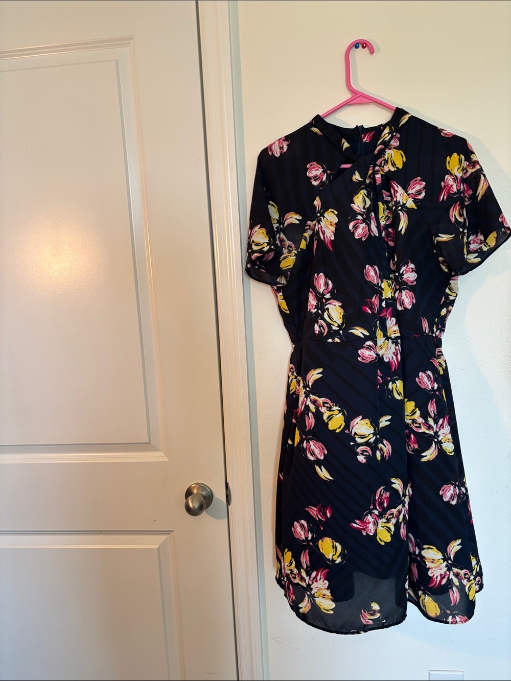 Banana Republic Navy Floral Tie-Neck Mini Dress with Pink & Yellow Blooms